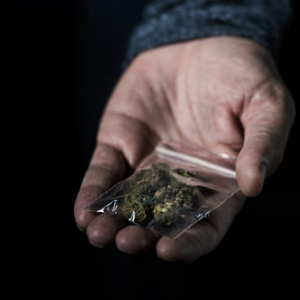 Hand med en påse cannabis
